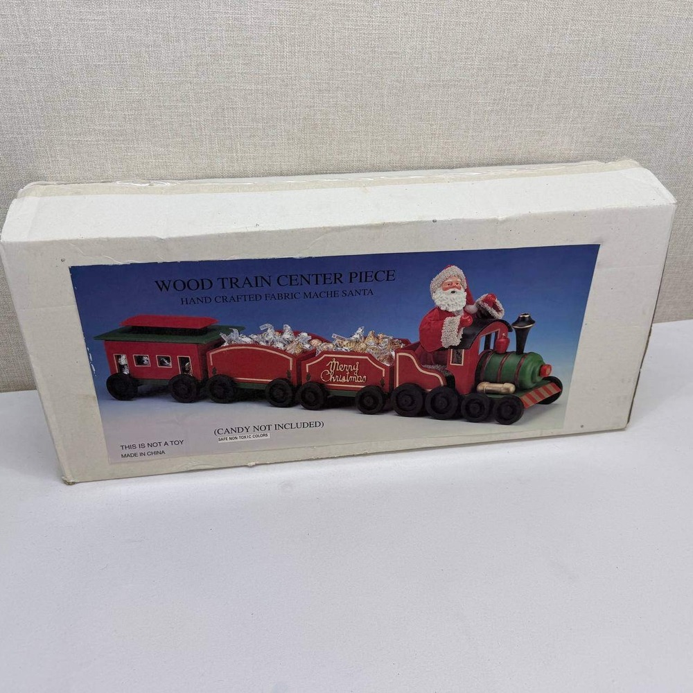 Vintage Wood Train Centerpiece Fabric Mache Santa 3 Piece Christmas Decor Boxed